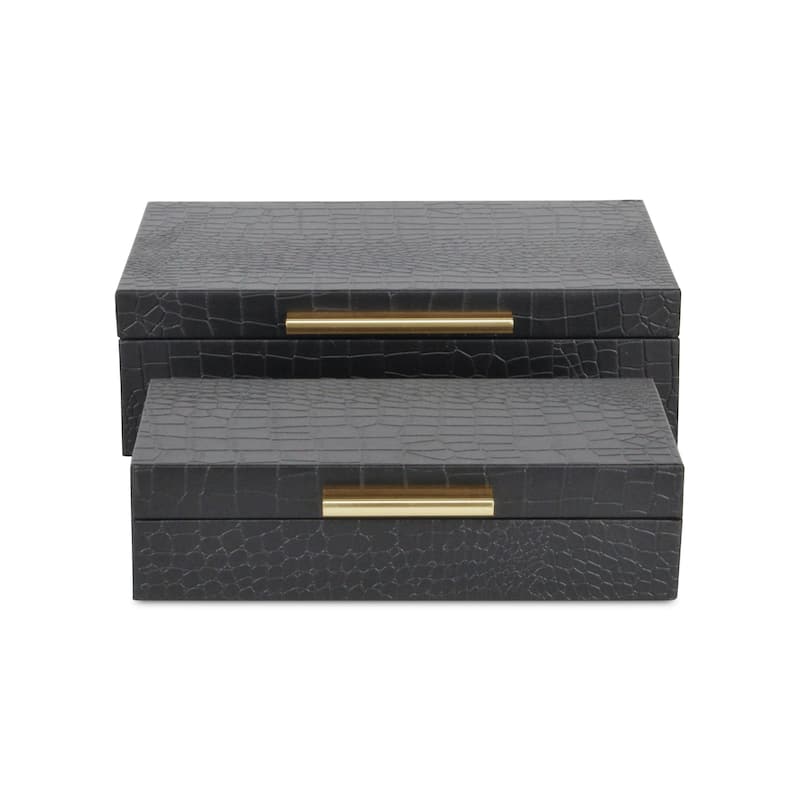 Set of 2 Black Rectangular Faux Croco Decorative Box with H&les 11.75"