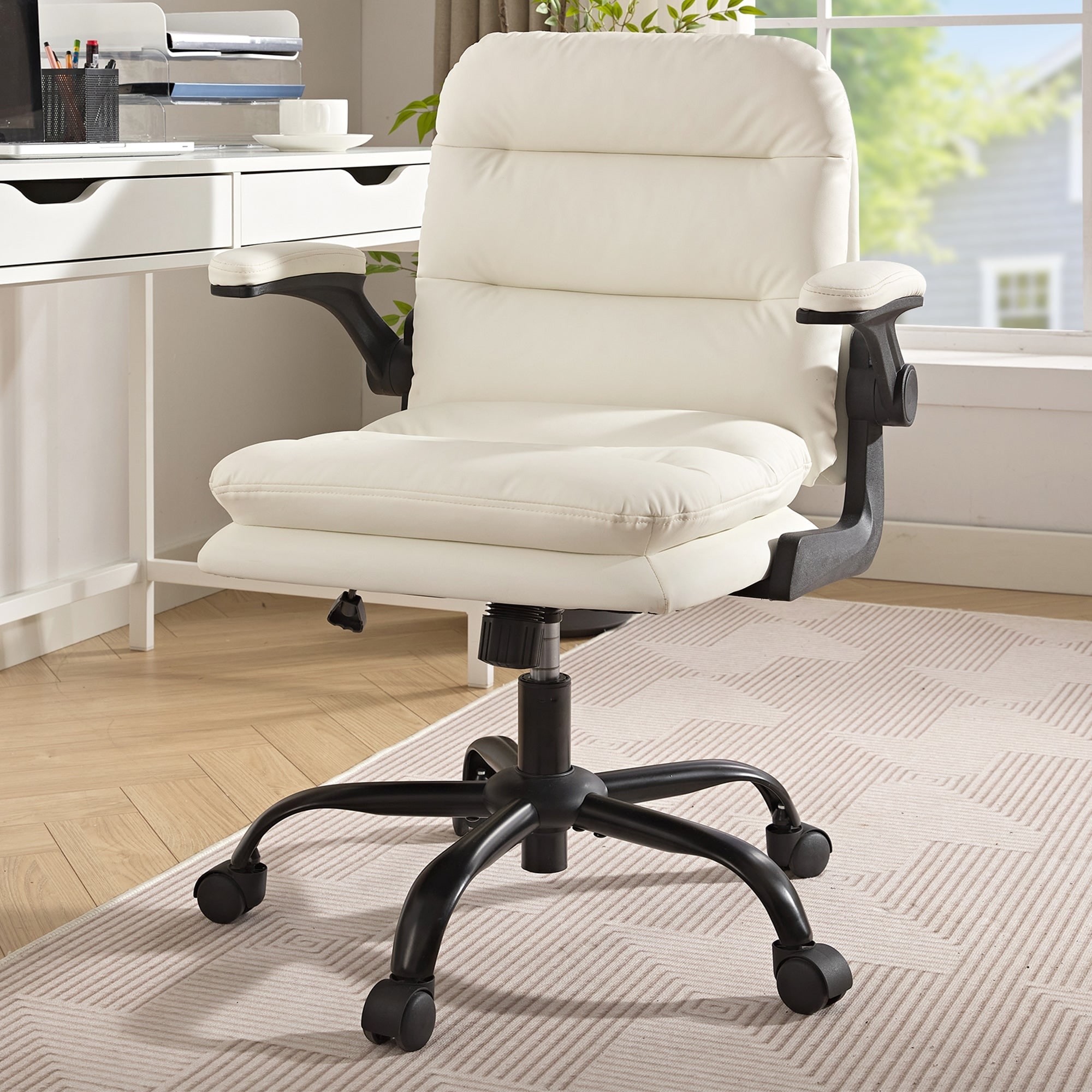 Javlergo White PU Leather Office Chair Adjustable Back 360° Swivel Chair with Flip-Up Arms Ergonomic Desk Chair for Home Office