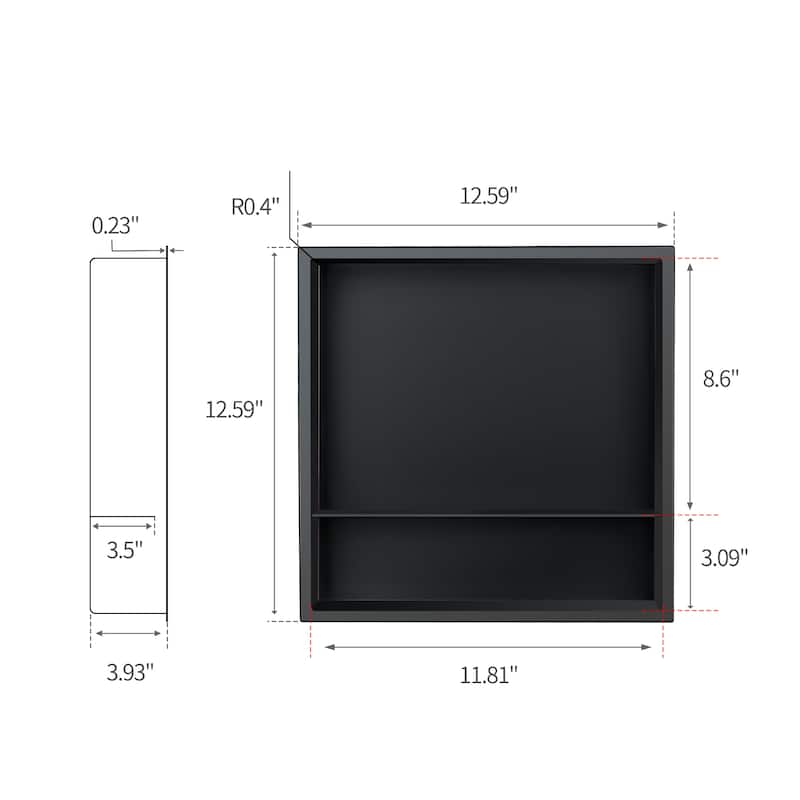 12.6"x12.6" Stainless Steel 18 Gauge Black Square Recessed Shower Niche
