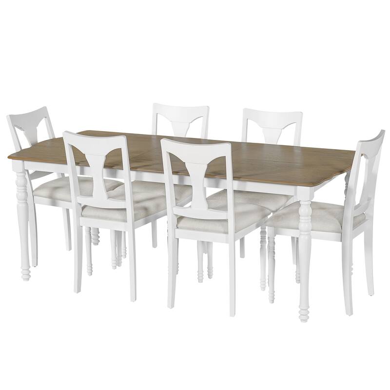 7-Piece Dining Table Set,Extendable Wood Dining Table with Removable Leaf, Kitchen Table Set with 6 Upholstered Side Chair