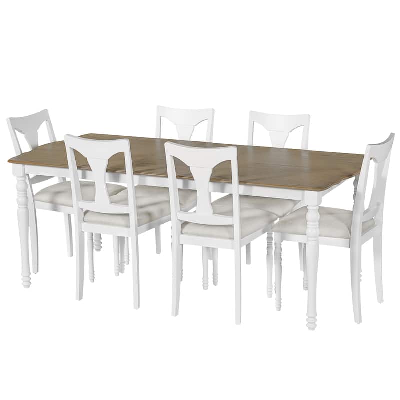 7-Piece Extendable Dining Table Set, Wood Table with Removable Leaf, Kitchen Dining Set with 6 Upholstered Chairs