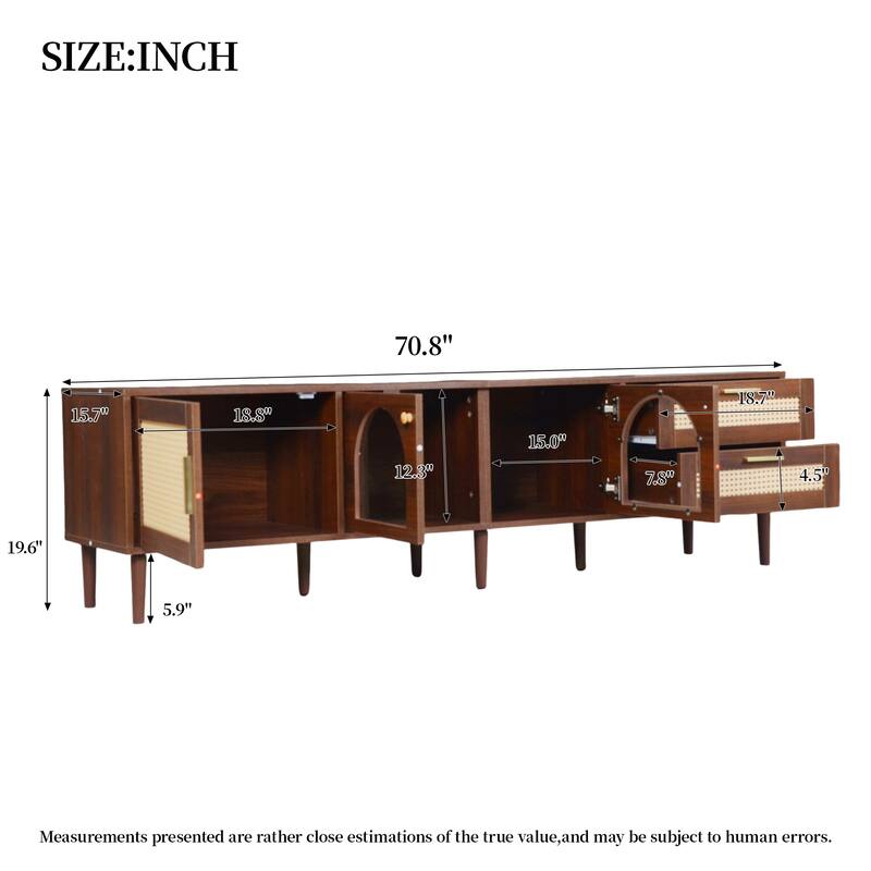 70.8" TV Stand for TVs up to 80 Inch, Media Console with App Controlled LED Lights, Rattan Doors & Drawers