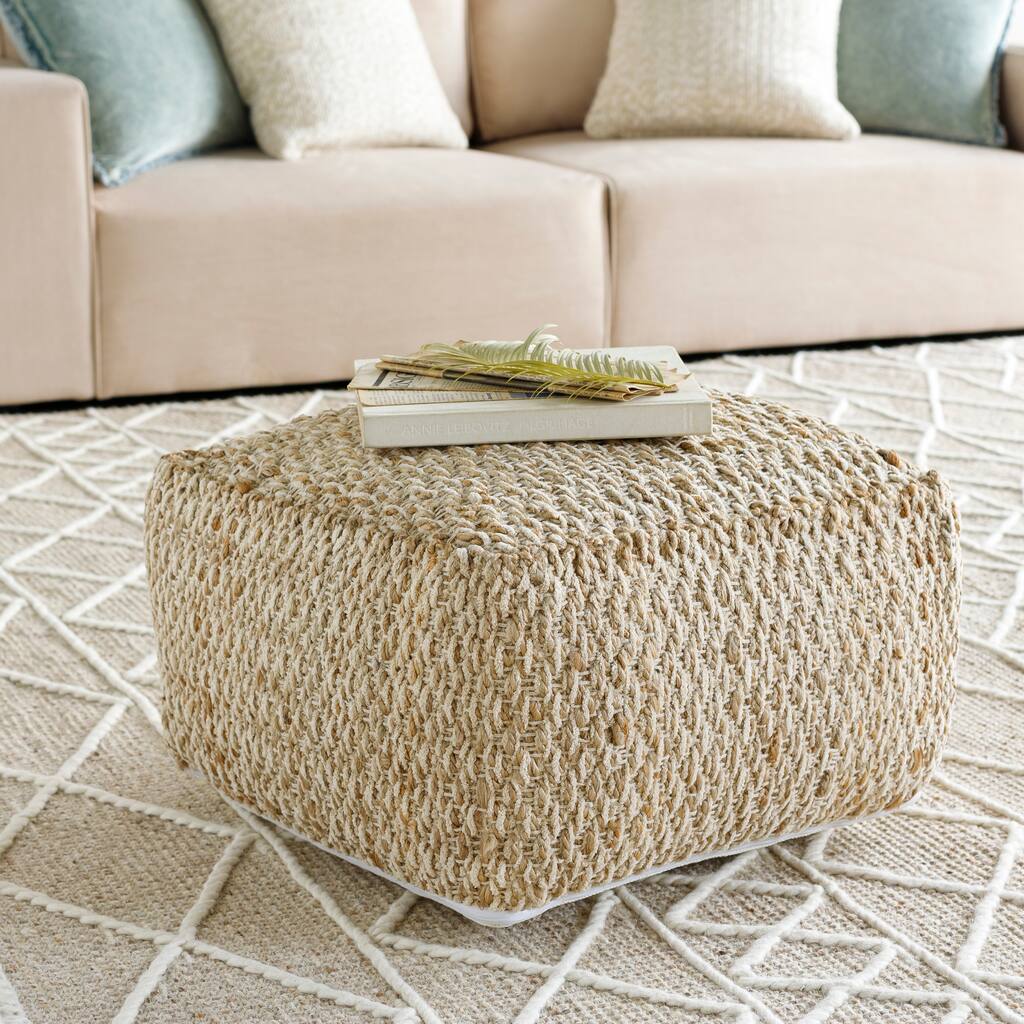 Striped Ali Square Jute/Cotton Pouf (20" x 20" x 12")