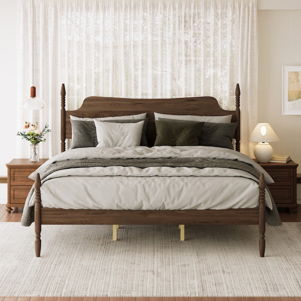 Platform Bed Frame,Spindle Bed with Curved Tall Headboard,No Box Spring Needed, Retro Four Poster Bed