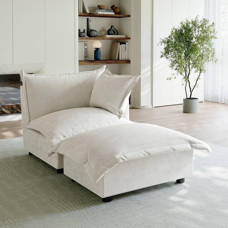 Casual 40"W Oversized Soft Comfy Cloud Chenille Chaise Lounge with Ottoman - Right Facing - Beige