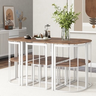 Modern 7-Piece Dining Table Set with Faux Marble Compact 55Inch Kitchen ...