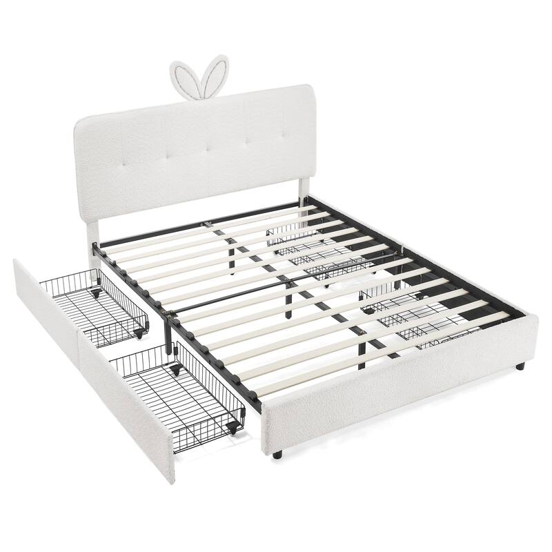 Queen Size Boucle Upholstered Bed with Rabbit Ear Headboard, LED Music Sync & 4 Drawers
