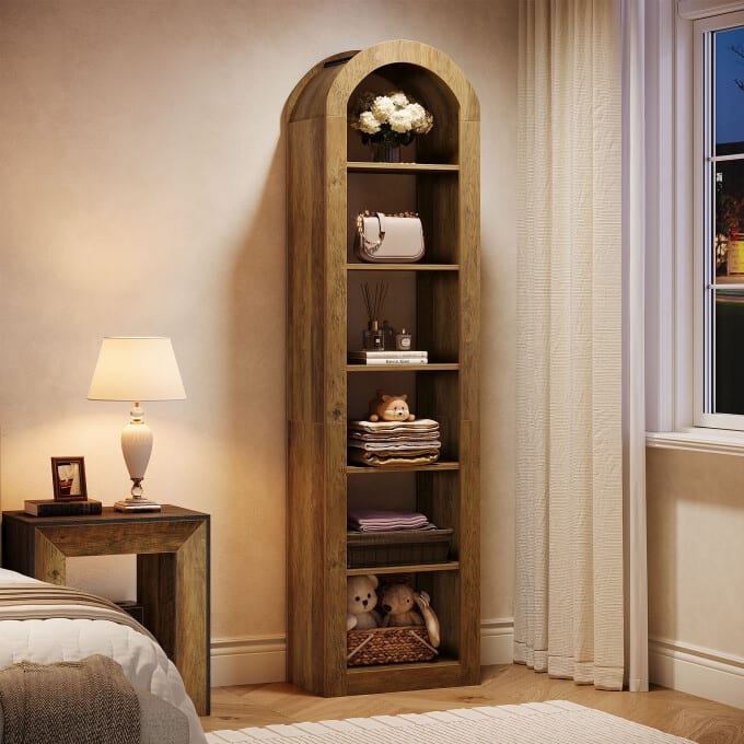 74.8-Inch Arched Tall Bookshelf, 6-Tier Rustic Wooden Bookcase