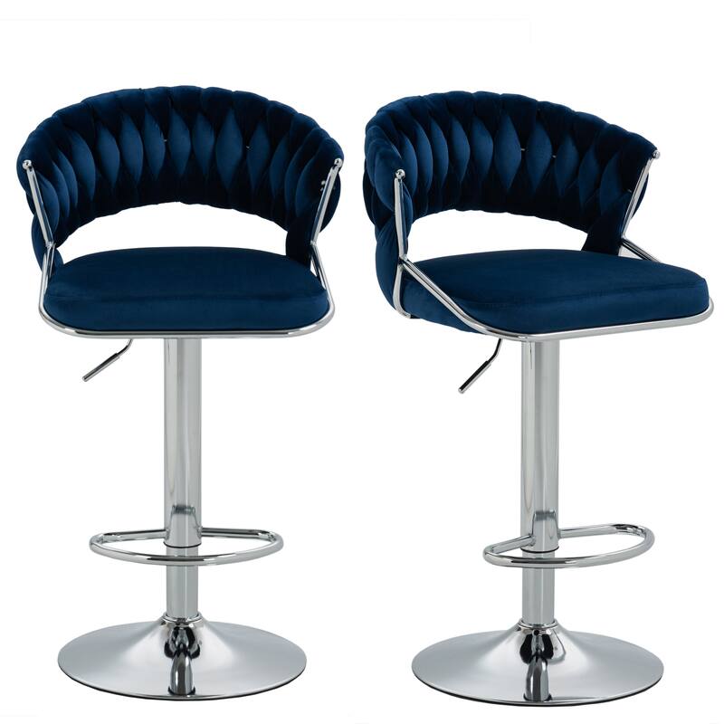 Modern Velvet Counter Bar Stools with Backs(Set of 2) - Navy Blue-Silver