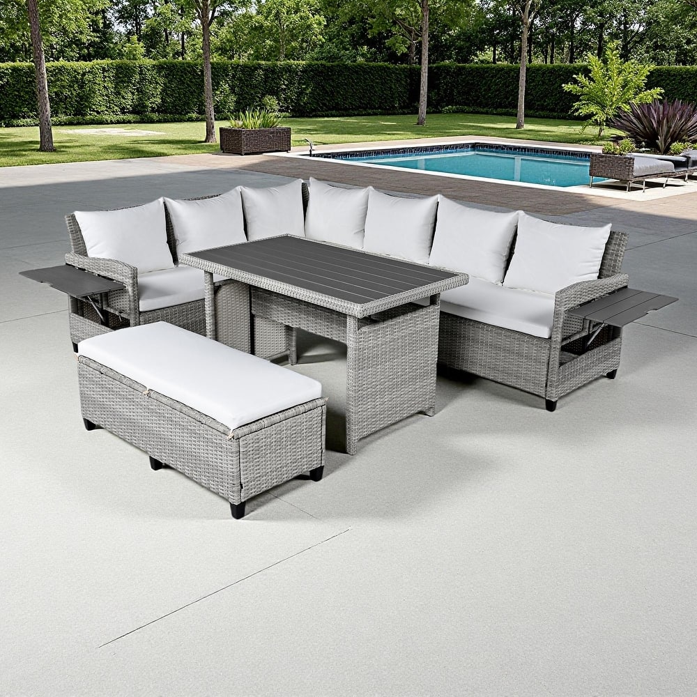 5-Piece Outdoor Rattan Sectional Sofa Set with Dining Table, Bench, and 2 Extendable Side Tables