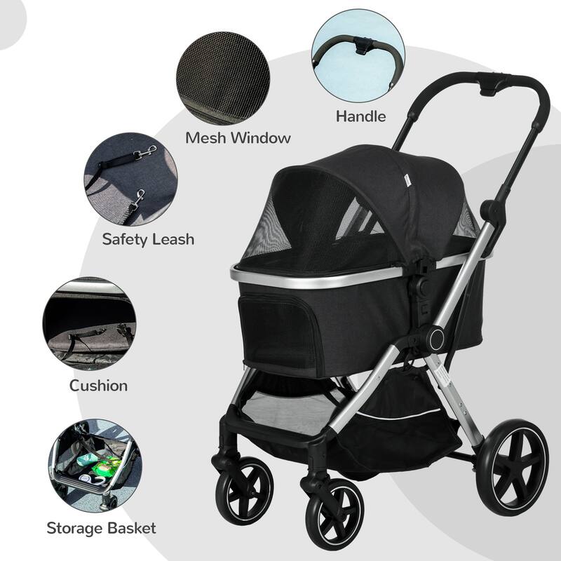 PawHut 2 in 1 Pet Stroller for Small Dogs and Cats, Folding Dog Stroller with Storage Basket, Removable Carriage