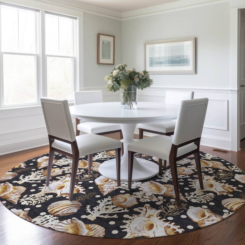 Premium Washable Super Soft Coastal Seashells Mayfield Rug - Midnight - 8' x 8' - Round