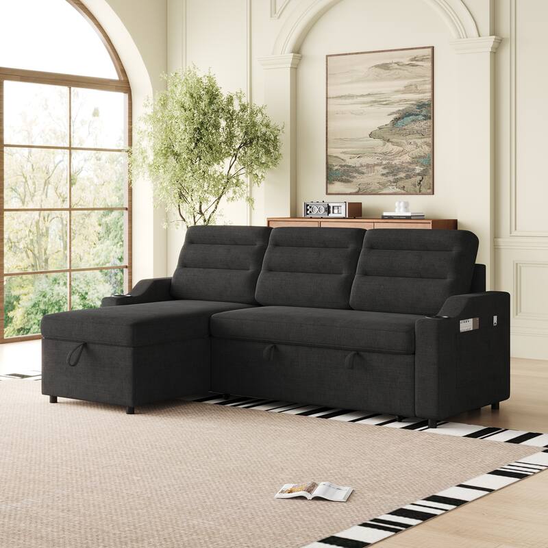 83.5-Inch Convertible Sofa Bed - Stylish Polyester Recliner with Storage for Small Spaces
