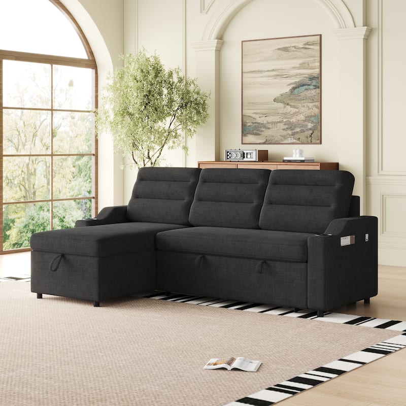 Multi-Position Sofa Bed with Pull-Out Sleeper, Chaise, and Storage for Living Room