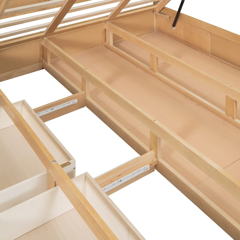 Wooden Hydraulic Storage Bed Frame, Solid Pinewood Storage Platform Bed with Underneath Storage and 2 Drawers, Wood Slat Support