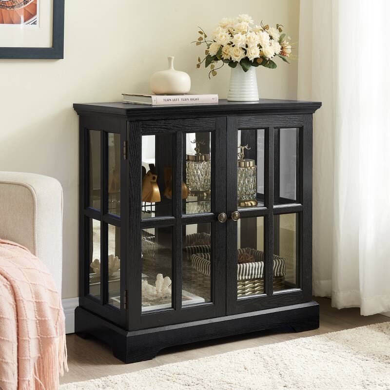 LED Curio Display Cabinet with Grille Doors, Antique Display Cabinet with Adjustable Shelves, Wooden Accent Storage Cabinet
