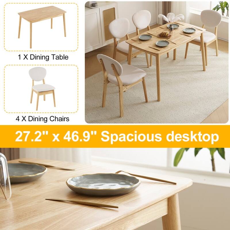 Mid-Century Wood Dining Set with Fabric Chairs,5-Pcs Set,Natural Oak Finish