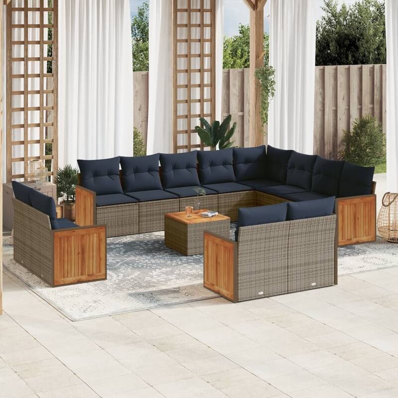 vidaXL 12/13 Piece Patio Sofa Set with Cushions Black/Gray Poly Rattan - 21.7 x 24.4 x 27.2 - Gray With table