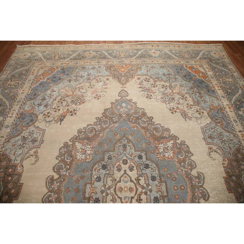 Hand Knotted Oriental 100% Wool Carpet Traditional Medallion Beige & Ivories Tabriz Area Rug - 12' 10'' X 9' 2''