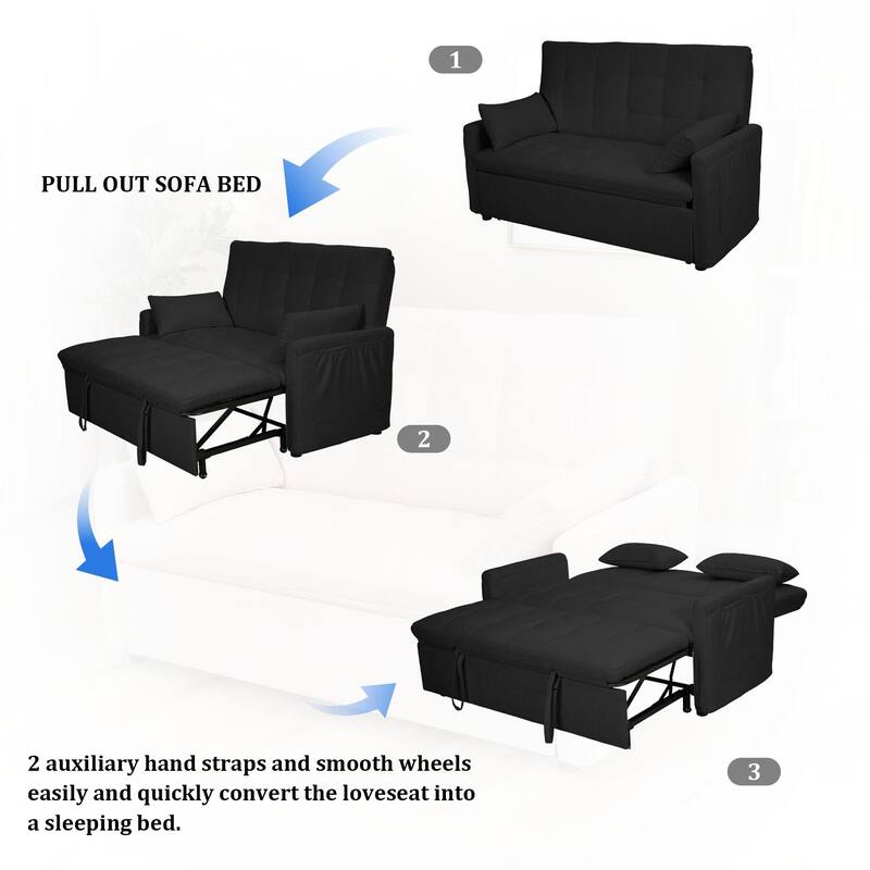 Black Convertible Sofa Bed Convertible Sofa Bed with Armrests, 2-Seater Sofa Couch for Living Room Bedroom
