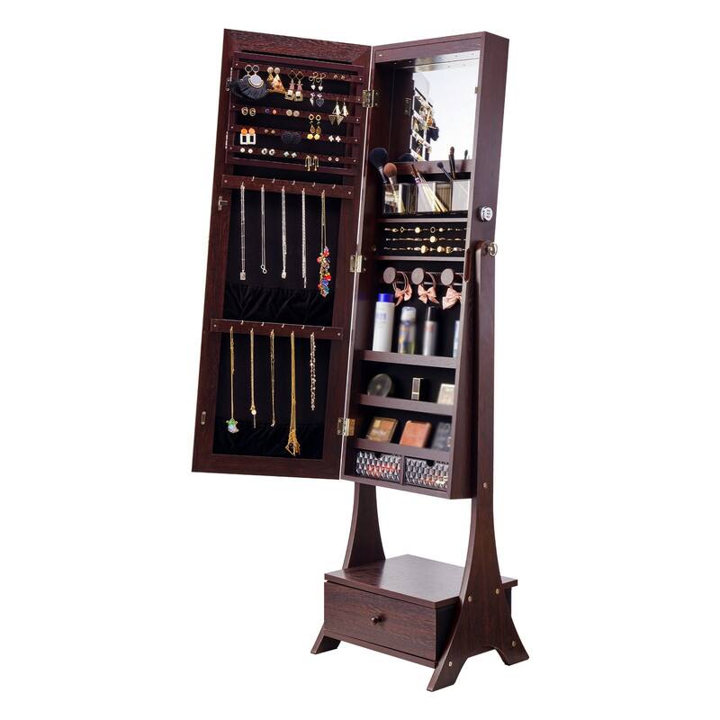 Full-Length Standing Mirror with Lockable Jewelry Cabinet Velvet Lining and Rotating Earring Holder