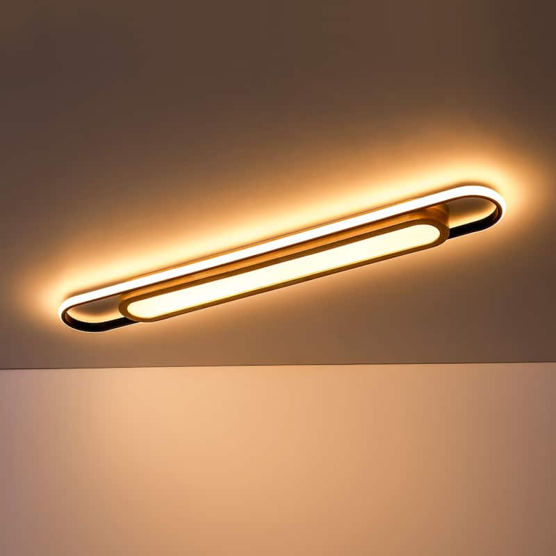 39.3" Modern Black Cylinder Long Strip Wood Integrated LED Flush Mount Light - 39.3 in. W