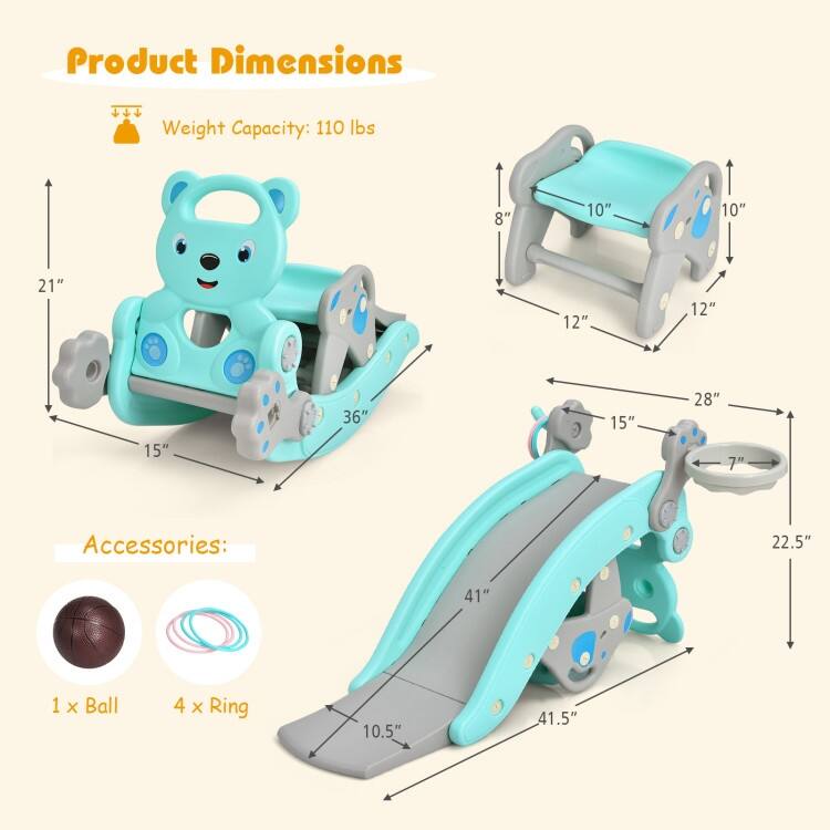 4-in-1 Toddler Slide and Rocking Horse Playset with Basketball Hoop