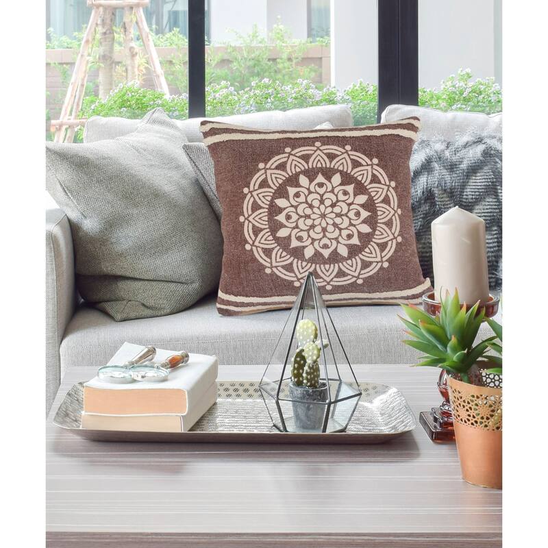 20" Brown and White Floral Medallion Square Throw Pillow