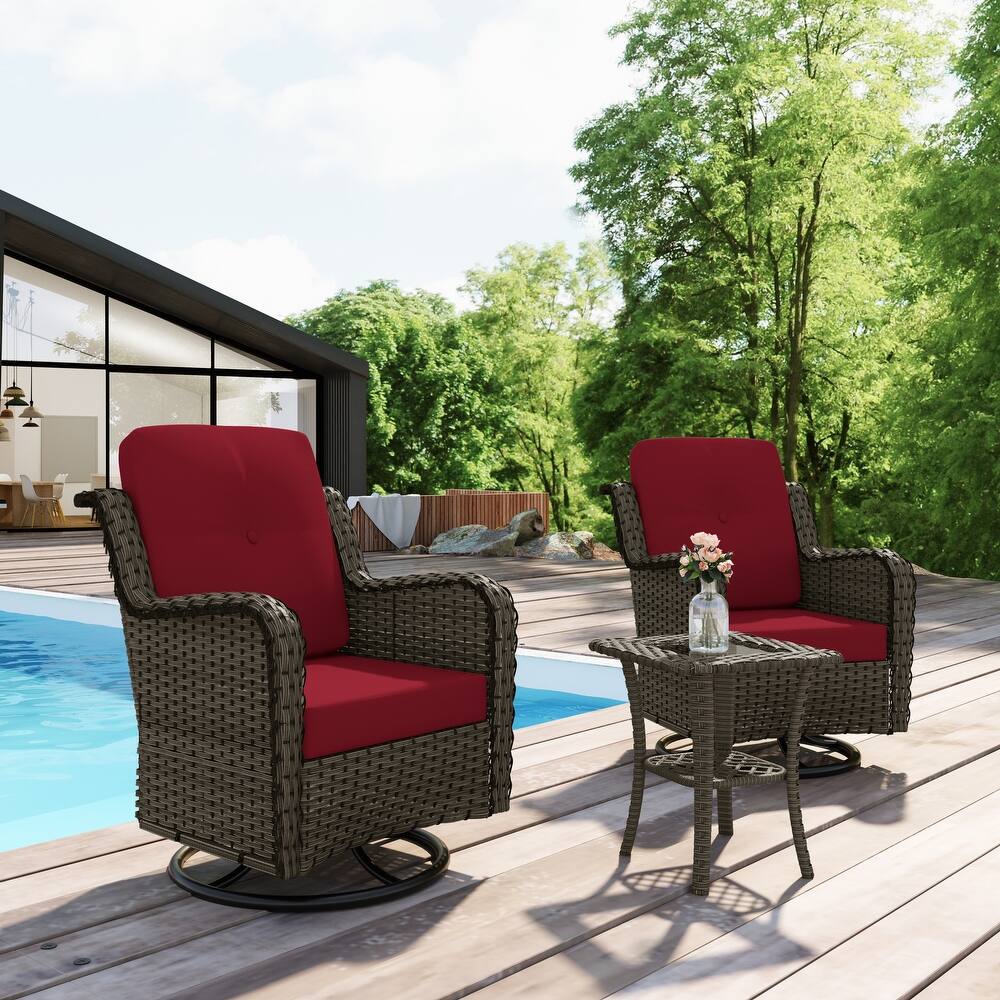 3-Piece Patio Rattan Swivel Cushioned Rocking Chair Set With Side Table