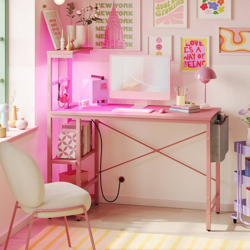 Computer Desk Home Office Desk with LED & Adjustable Shelves