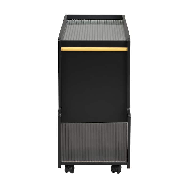 Roomfitters Mobile End Table with Lockable Wheels, Narrow Coffee Table with Fluted Tempered Glass and Golden Rod Design