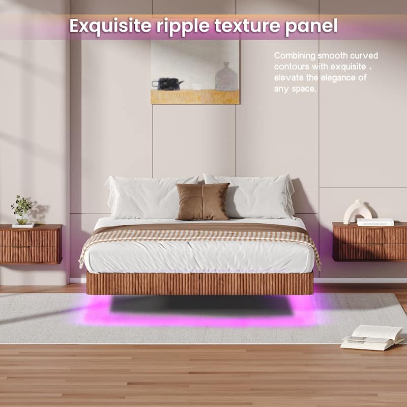 Modern Floating Bed Platform - LED Ambient Lighting with Wave-Pattern Wood Veneer & Reinforced Steel Slat System‌