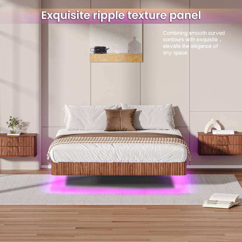 Smart LED Floating Bed without Headboard, Wave Curve Wood Texture Bed Frame, Heavy Duty Metal Slat Support - Walnut - Queen