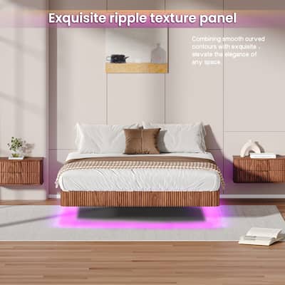 Smart LED Floating Bed without Headboard, Wave Curve Wood Texture Bed Frame, Heavy Duty Metal Slat Support