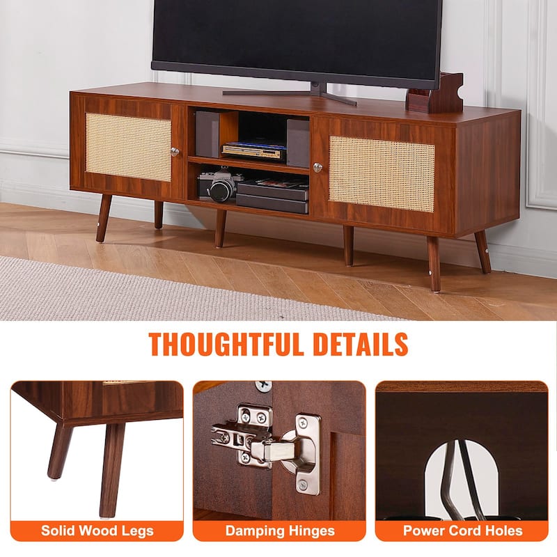 Modern Rattan TV Console for 65 Inch TV with Built-in Power Outlet - 55.1 x 15.8 x 19.7in