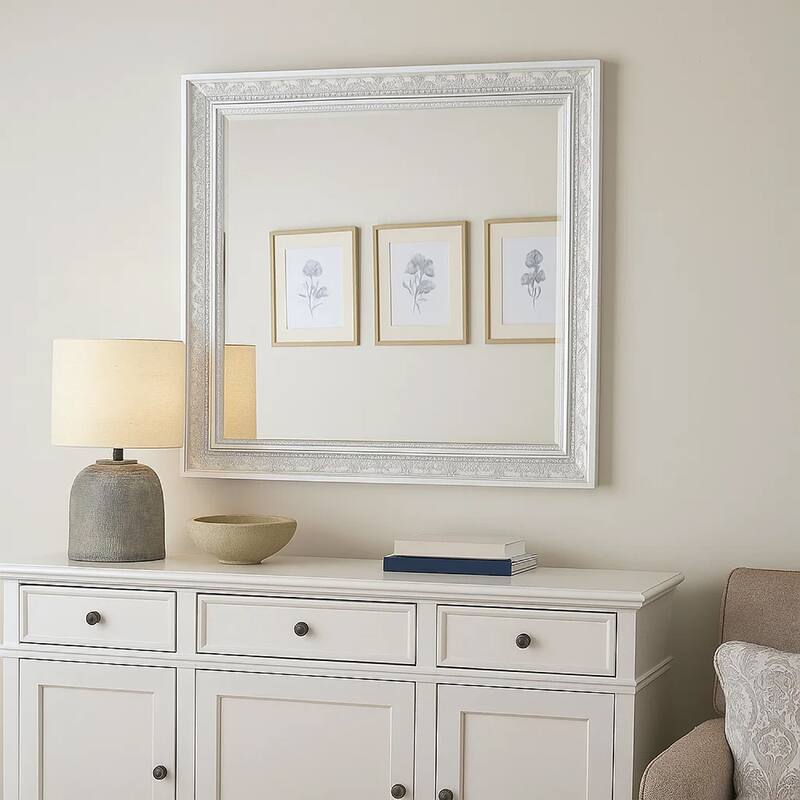 Miamy Dresser Mirror, 44 Inch Cream White Wood Frame, Bevelled Edge - Creamy White, Silver
