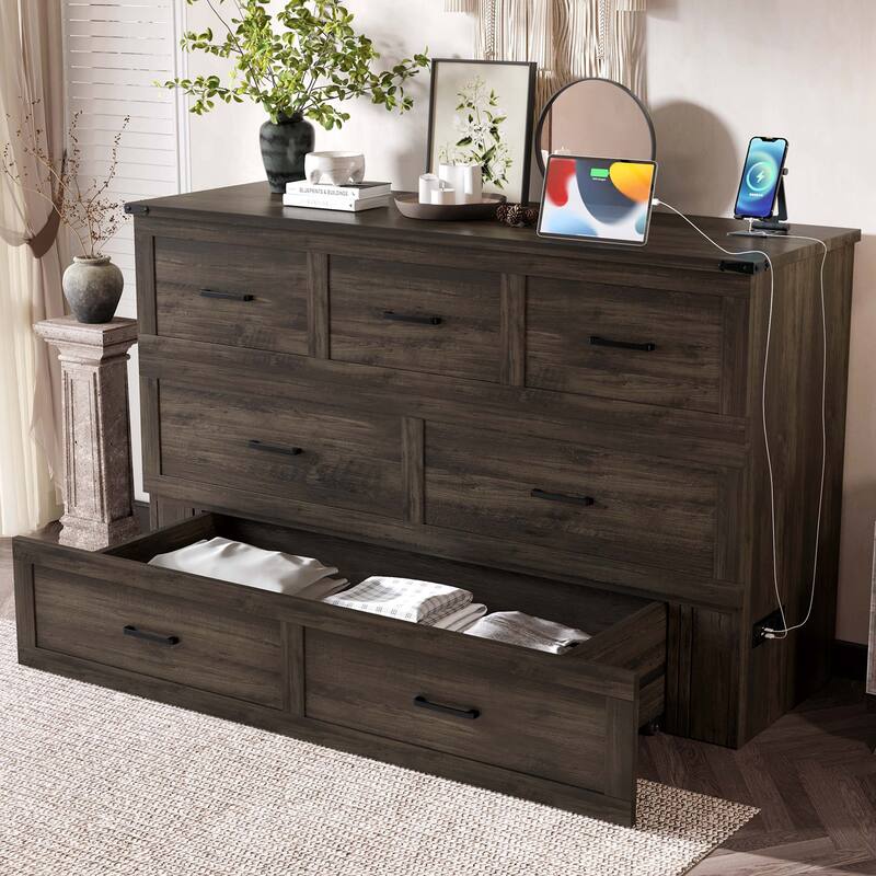 Full / Queen Murphy Bed Cabinet with Built in Charging Station Storage Drawer