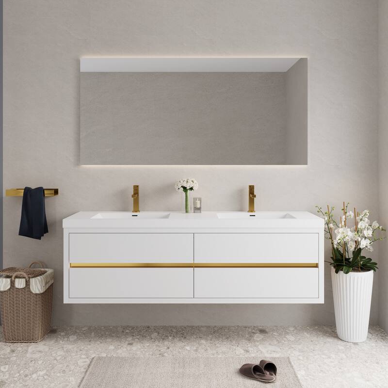 Wall-Mounted Bathroom Vanity with White Stone Resin Top - 70.87'' x 19.69'' x 22.44'' - Glossy White