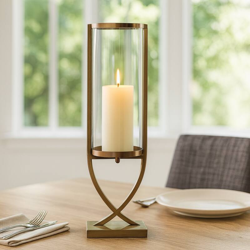 Modern Glass Pillar Candle Holder Decorative Lantern with Steel Frame