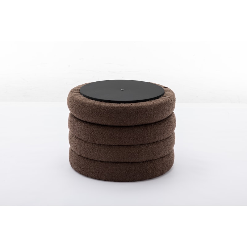 Boucle Fabric Storage Round Ottoman Footstool With Wooden Shelving