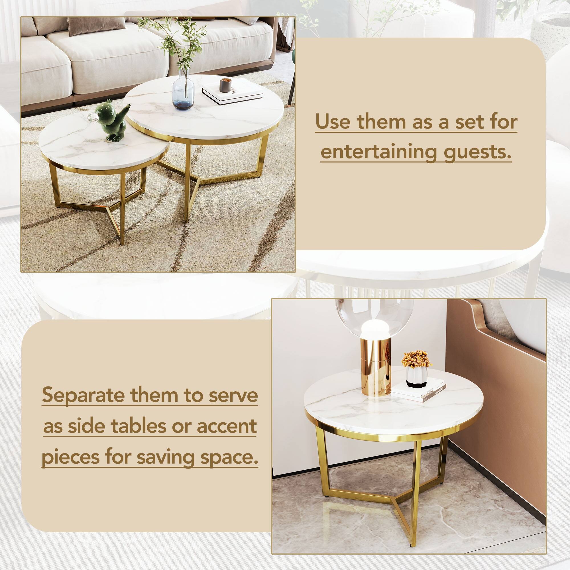 Modern Round Nesting Coffee Table Set 2Piece White & Marbling Top Gold Base Bed Bath & Beyond