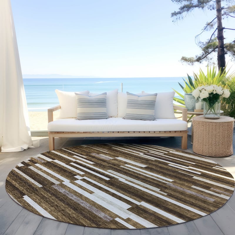 Machine Washable Indoor/ Outdoor Chantille Modern Stripes Rug - Brown - 8' x 8'
