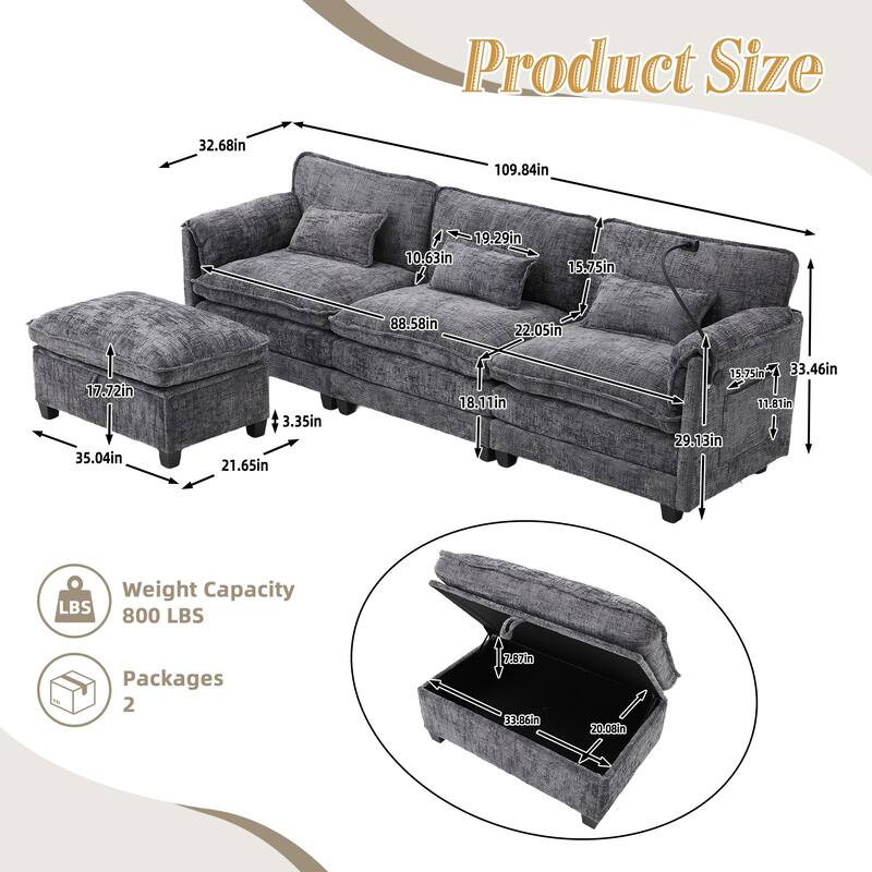 HOMEFUN Chenille Upholstered L-shaped Phone Holder Modular Sectional Sleeper Sofa with Movable Storage Ottoman