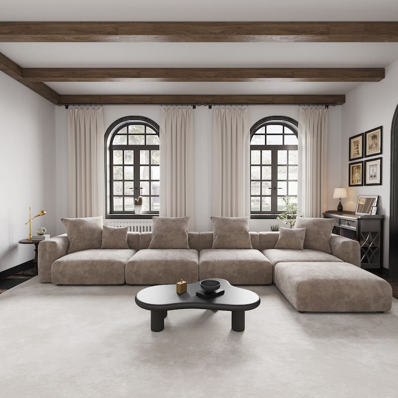 L-shape Corduroy 5-pieces Upholstered Sectional Sofa - Light Brown