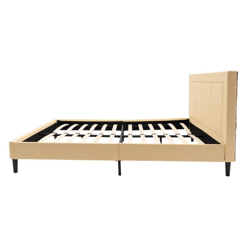 Queen Size Wood Slat Bed Frame with PU Leather Headboard