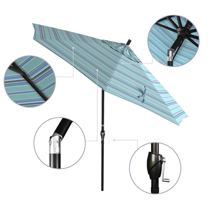 California Umbrella 9' Round Crank Lift Push Button Tilt Black Aluminum Patio Umbrella with Sunbrella Spectrum Dove Fabric