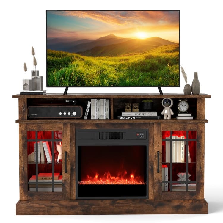 MDF Fireplace TV Stand with RGB LED, Remote and Storage - 48" L x 16" W x 29" H - Rustic Brown