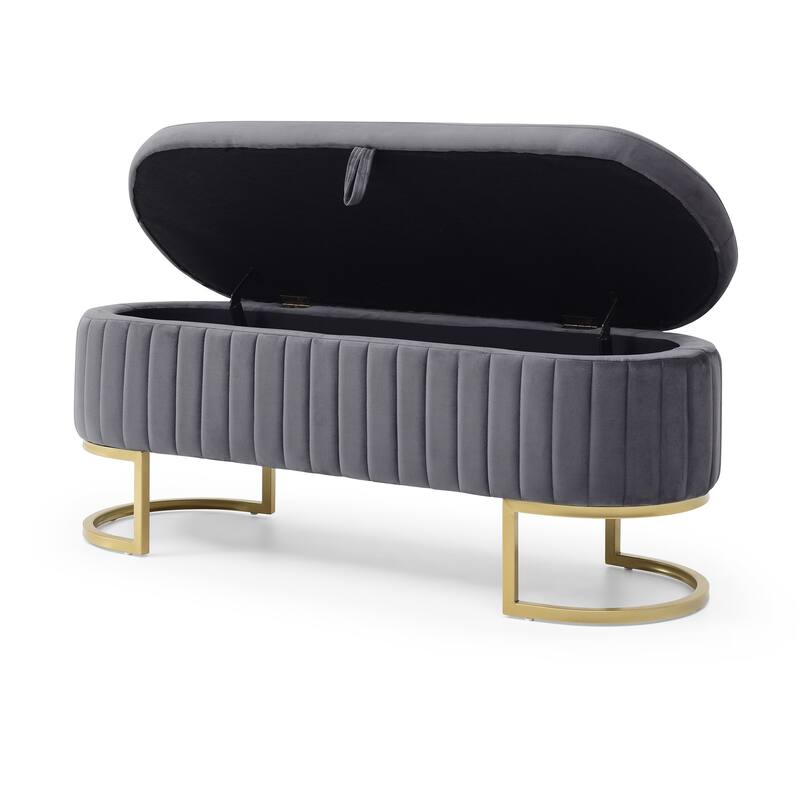 Storage Bench Bedroom Bench, Velvet Oval Upholstered End of Bed Bench with Golden Metal Legs,50"Modern Storage Ottoman Bench
