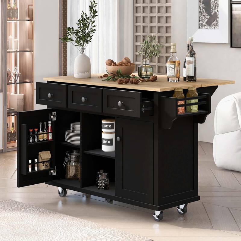 Kitchen Cart with Rubber wood Drop-Leaf Countertop ,Cabinet door internal storage racks,Kitchen Island on 5 Wheels - Black