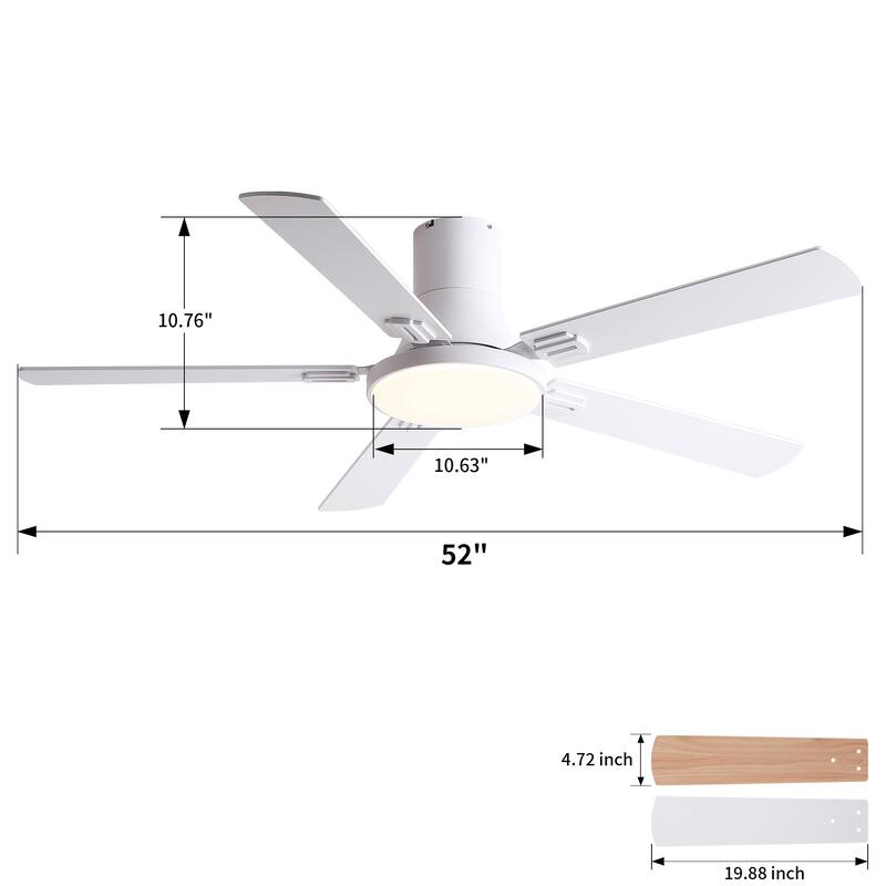 Sofucor 52 Inch Low Profile Flush Mount 5 Blades Ceiling Fan with Dimmable Light and Remote Control - 52 Inches